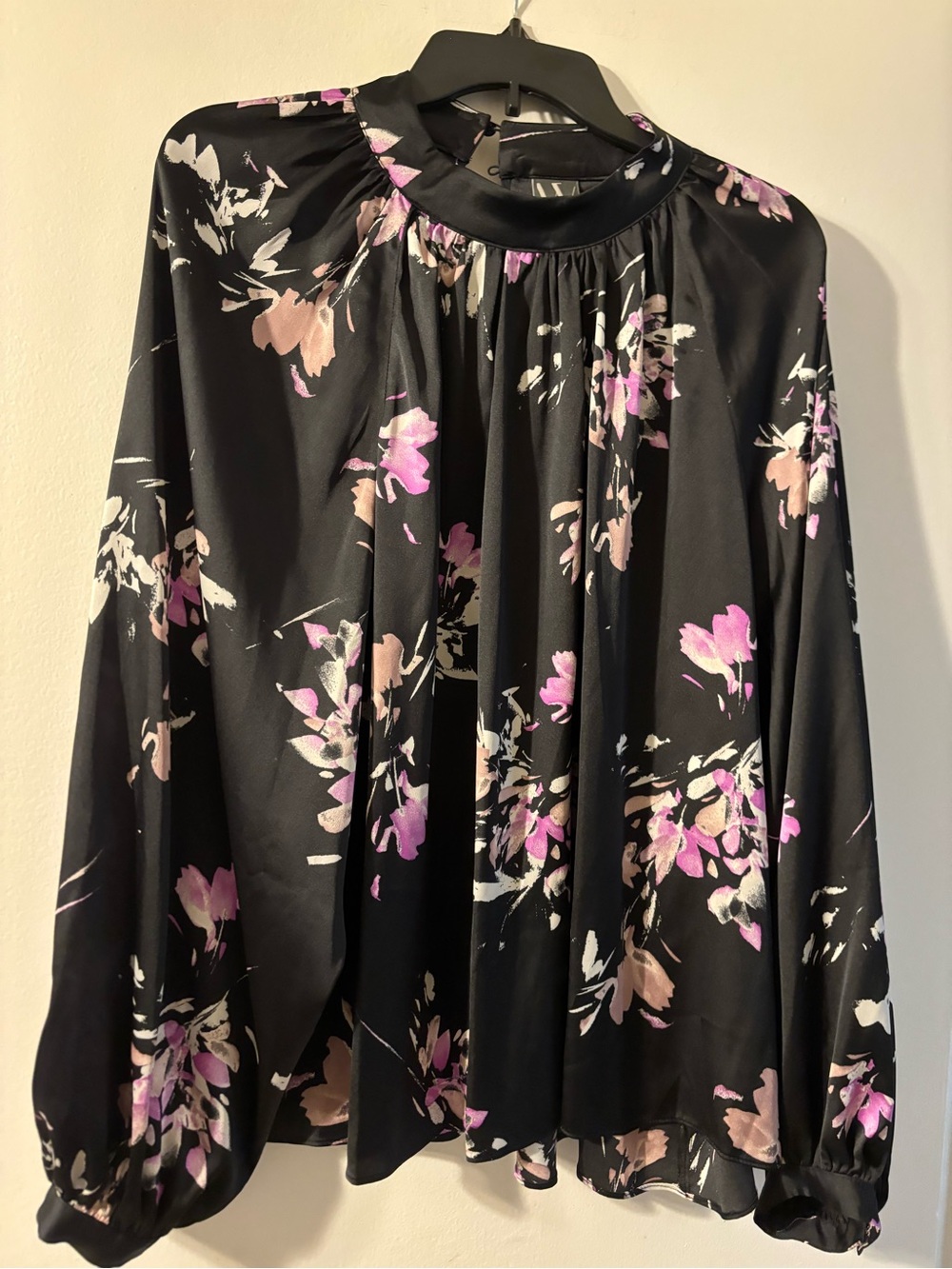 Worthington Black Floral Blouse with Pink and Cream Accents
